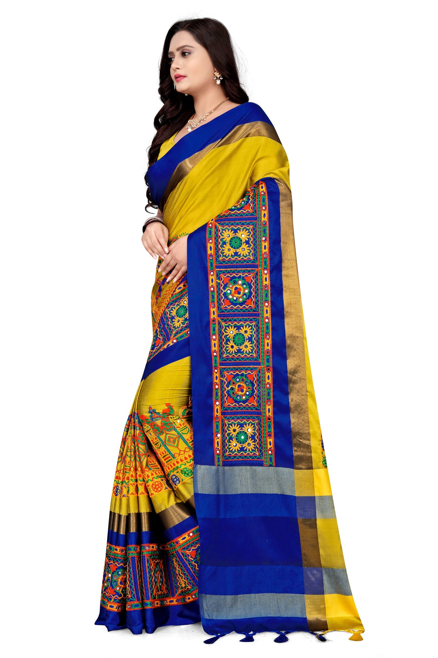 Dhiyona RV Women's Cotton Silk with Kutchi Embroidered Work Saree ( KVD1028 )