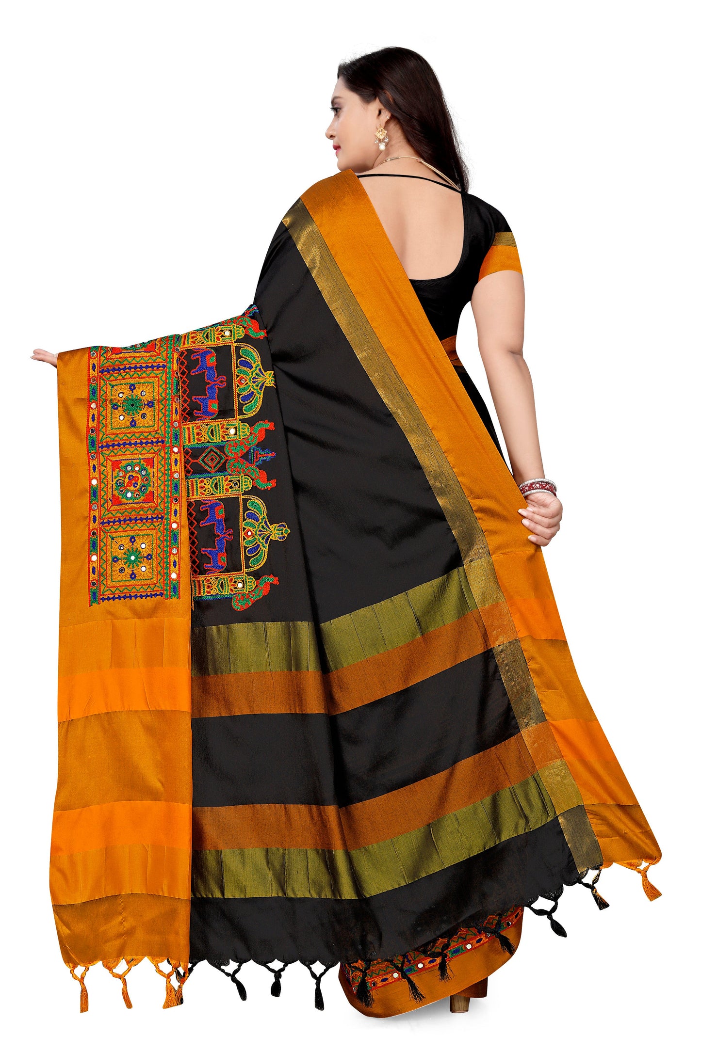 Dhiyona RV Women's Cotton Silk with Kutchi Embroidered Work Saree ( KVD1032 )
