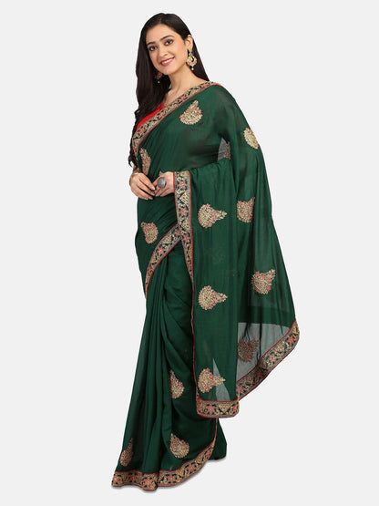 Dhiyona RV Women's Vichitra Silk With Cording Embroidery Work Exclusive Saree With Blouse ( KVD1056 )