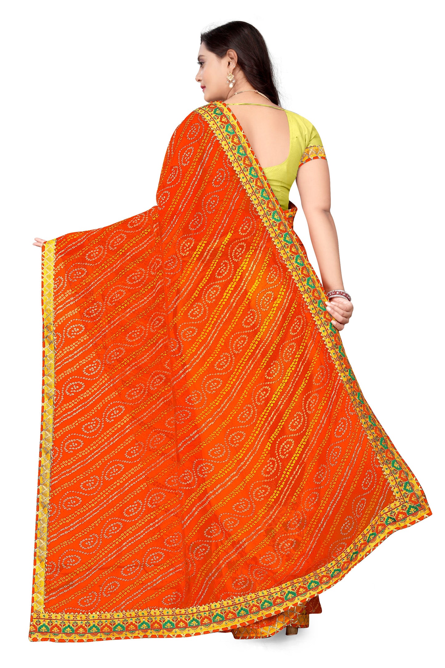 Dhiyona RV Women's Bandhani Georgette With Embroidery And Ruffle Saree With Blouse  ( KVD1061 )