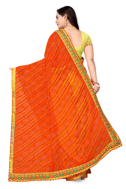 Dhiyona RV Women's Bandhani Georgette With Embroidery And Ruffle Saree With Blouse  ( KVD1061 )