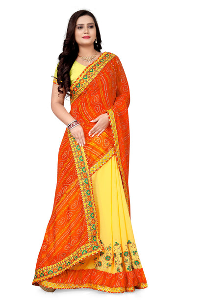 Dhiyona RV Women's Bandhani Georgette With Embroidery And Ruffle Saree With Blouse  ( KVD1061 )