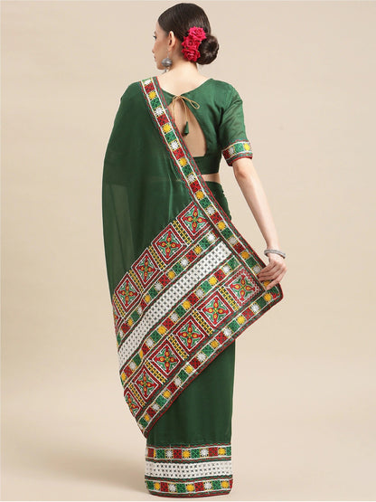Dhiyona RV Women's Shiny Vichitra Multi Color Thread Kutchi Embroidery Saree With Blouse ( KVD1465 )