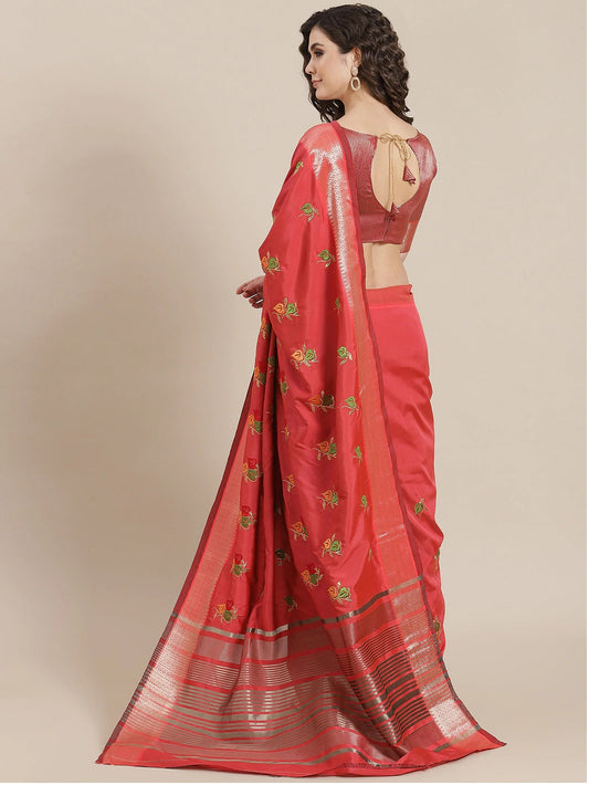 Dhiyona RV Women's Soft Cotton Silk With Colourful Thread Embroidery Saree With Blouse ( KVD1472 )