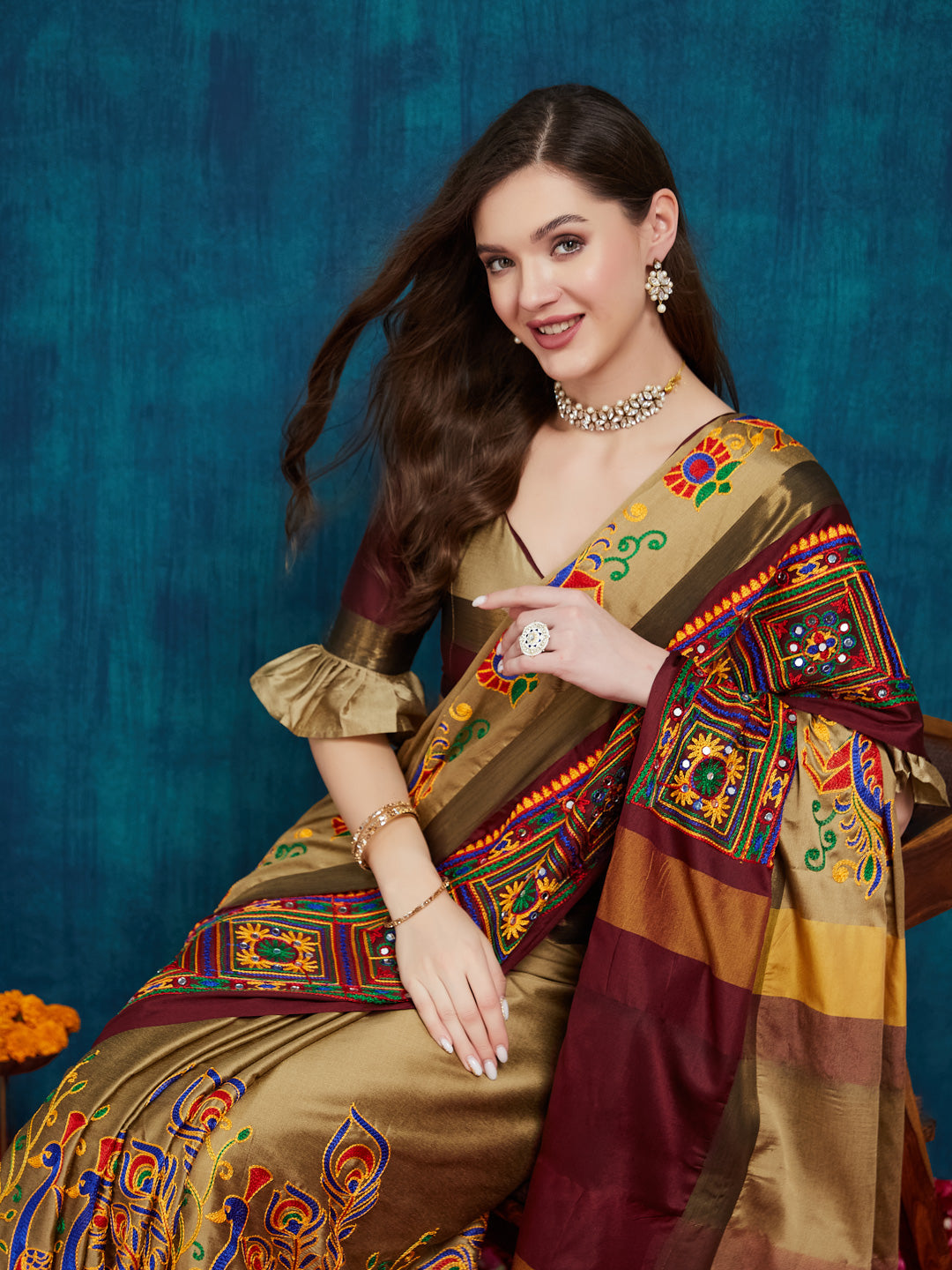Dhiyona RV Women's Cotton Silk Heavy Kutchi Work With Peacock Design Embroidered Saree  ( KVD1544 )