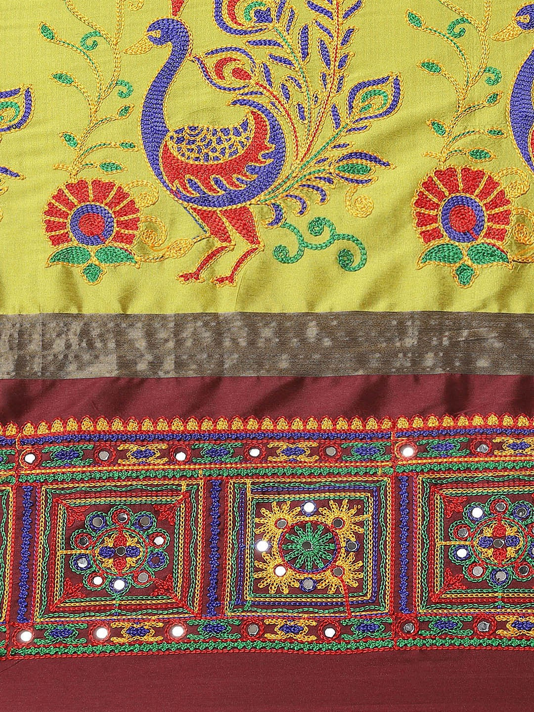 Dhiyona RV Women's Cotton Silk Heavy Kutchi Work With Peacock Design Embroidered Saree  ( KVD1545 )