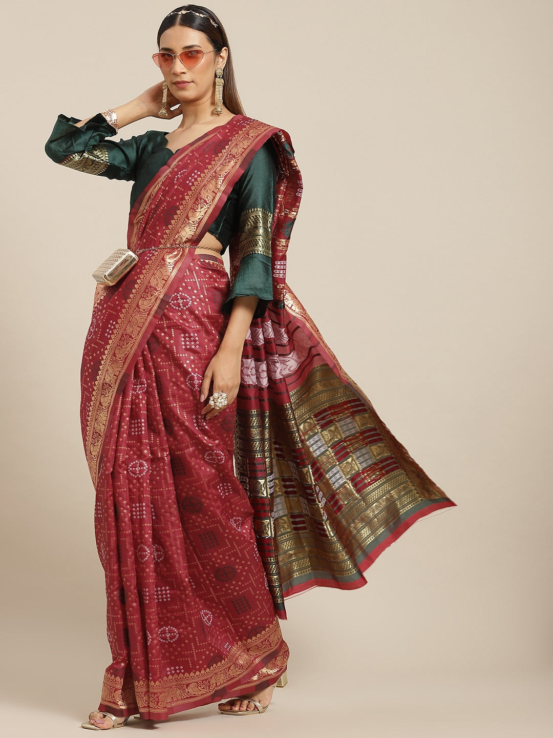 Dhiyona RV Women's Banarasi Cotton Silk With Zari weaving Bandhani Saree  ( KVD1643 )