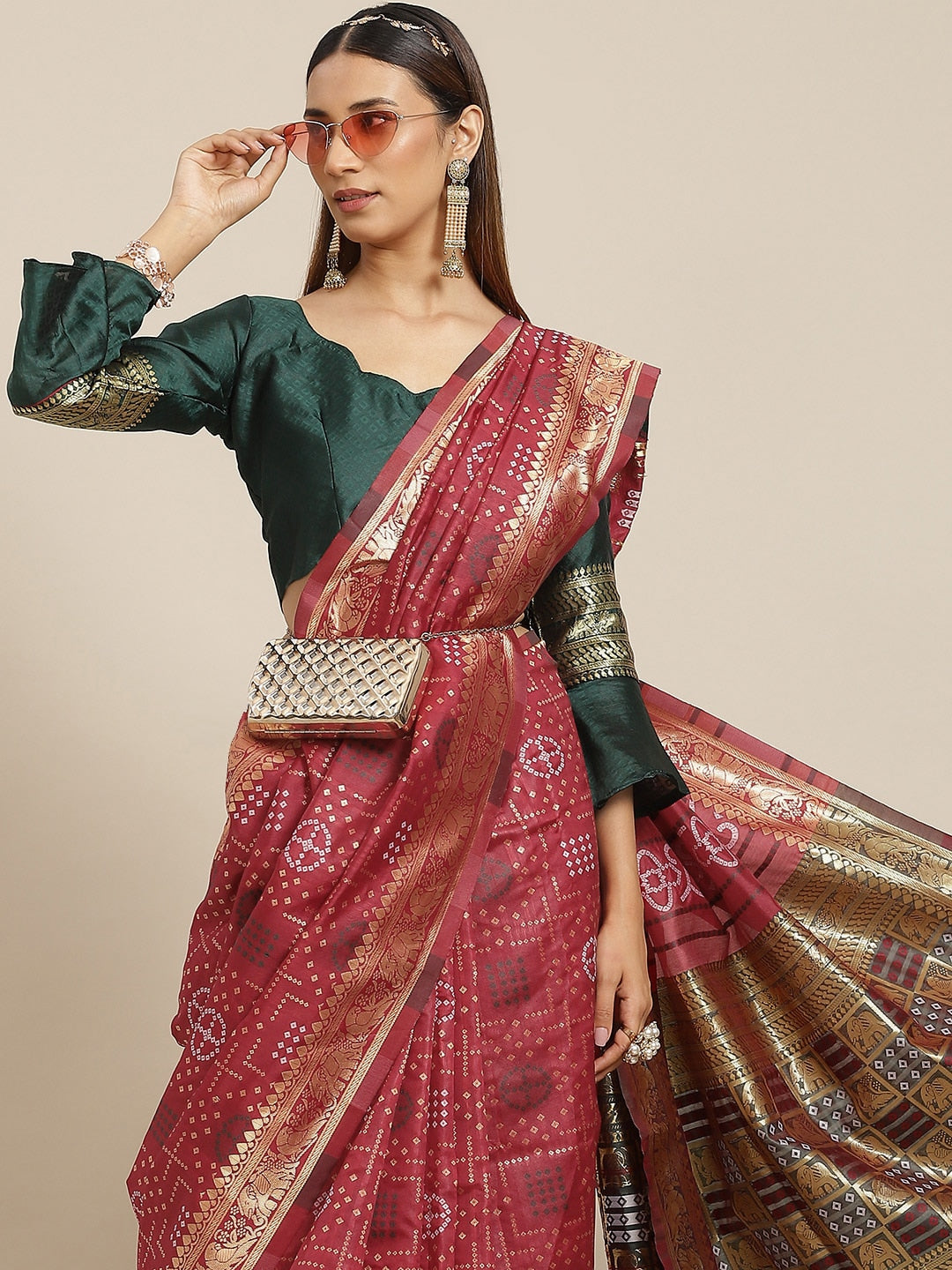 Dhiyona RV Women's Banarasi Cotton Silk With Zari weaving Bandhani Saree  ( KVD1643 )
