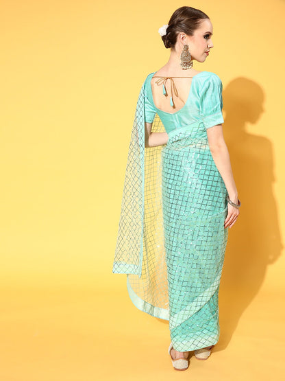 Dhiyona RV Women's Exquisite Net Sequins Embroidered Saree with Banglori Satin Blouse ( KVD1671 )