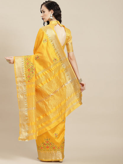 Dhiyona RV Women's Elegant Assam Cotton Silk Embroidered Saree with Temple Contrast Border  ( KVD1699 )
