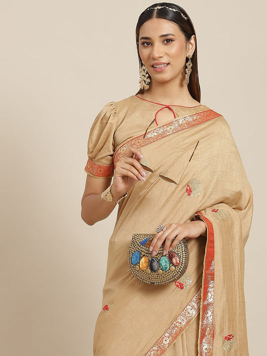 Dhiyona RV Women's Designer Vichitra Georgette Embroidered Saree with Jacquard Lace With Blouse ( KVD1797 )