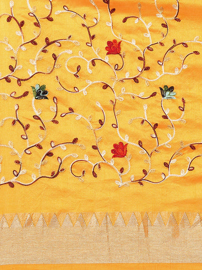 Dhiyona RV Women's Elegant Assam Cotton Silk Saree with Thread Embroidery & Golden Zari Border With Blouse ( KVD1890 )