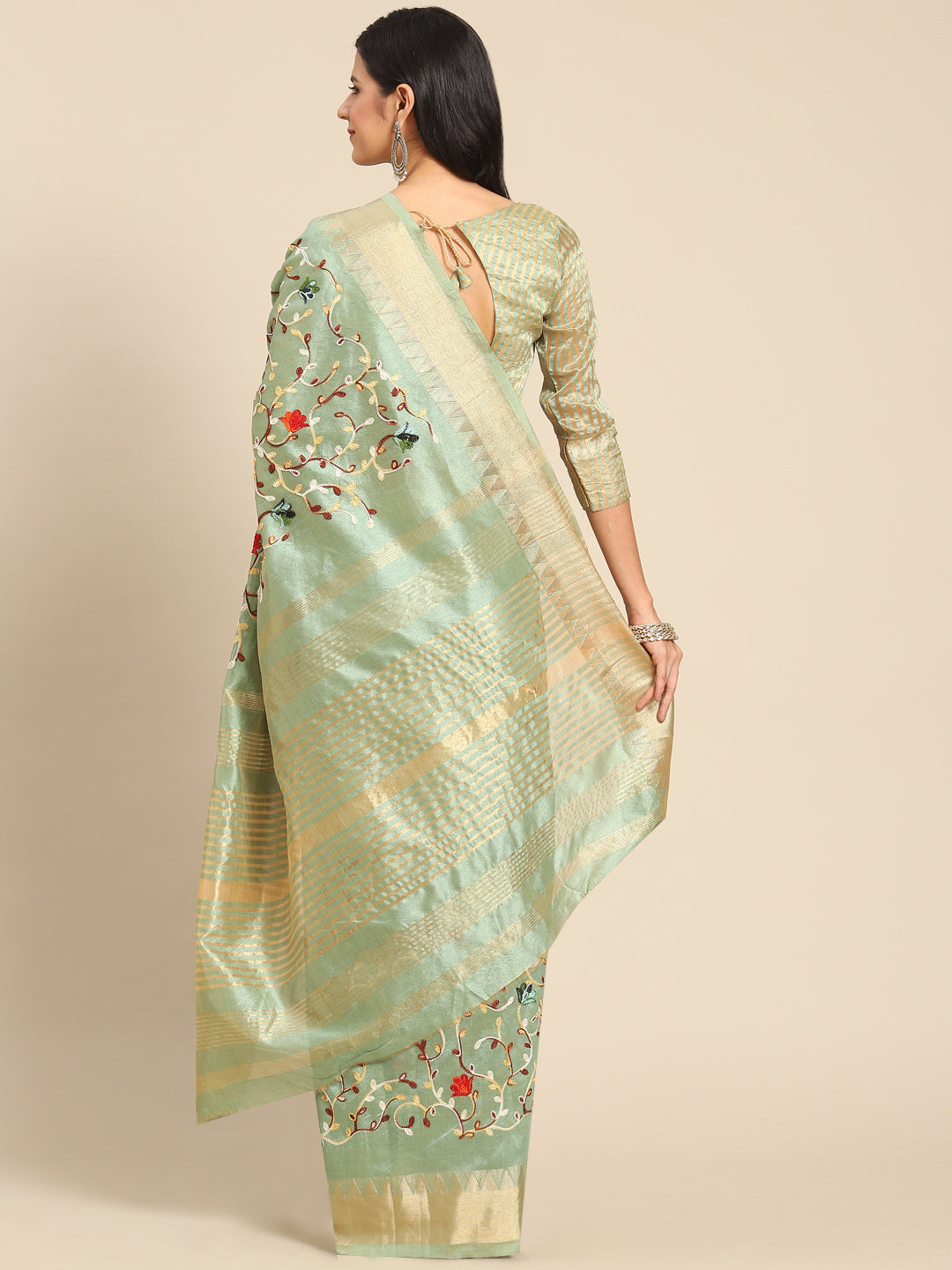 Dhiyona RV Women's Elegant Assam Cotton Silk Saree with Thread Embroidery & Golden Zari Border With Blouse ( KVD1892 )
