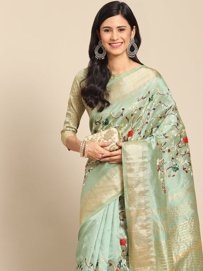 Dhiyona RV Women's Elegant Assam Cotton Silk Saree with Thread Embroidery & Golden Zari Border With Blouse ( KVD1892 )