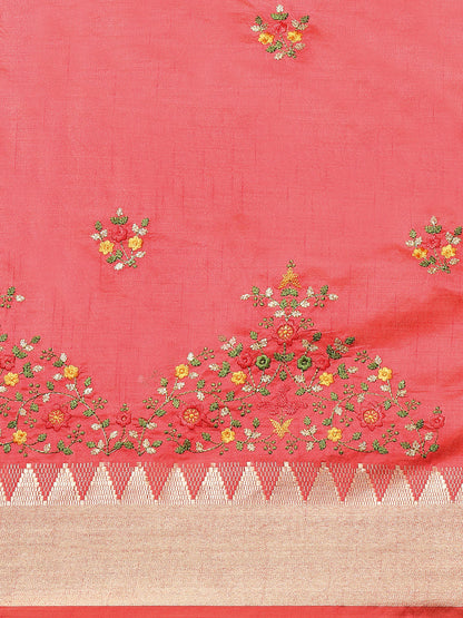 Dhiyona RV Women's Elegant Assam Cotton Silk Embroidered Saree with Temple Contrast Border  ( KVD1898 )