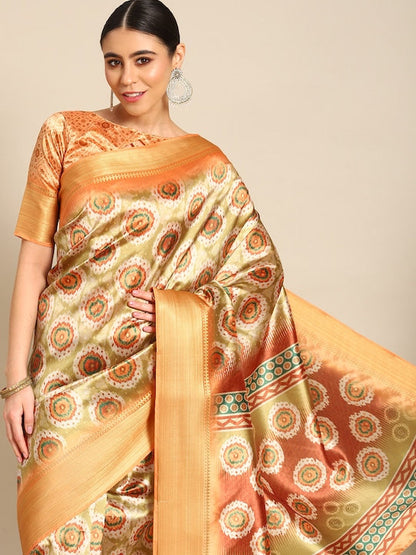 Dhiyona RV Women's Luxurious Banarasi Silk Digital Print Saree with Zari Woven Rich Pallu With Blouse ( KVD1905 )
