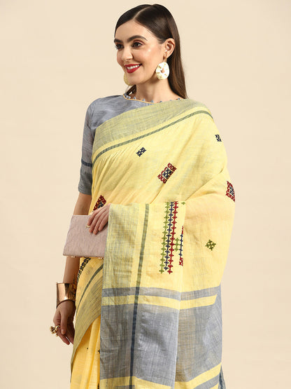 Dhiyona RV Women's Graceful Linen Cotton Saree with Elegant Thread Embroidery With Blouse ( KVD1913 )