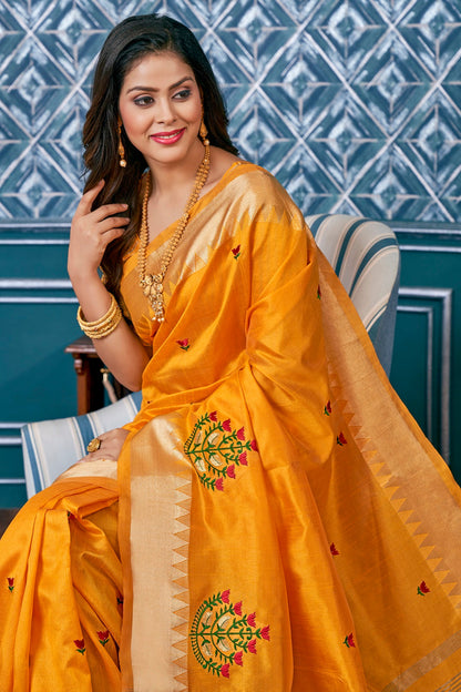 Dhiyona RV Women's Elegant Assam Cotton Silk Saree with Colorful Thread Embroidery & Temple Border With Blouse ( KVD2044 )