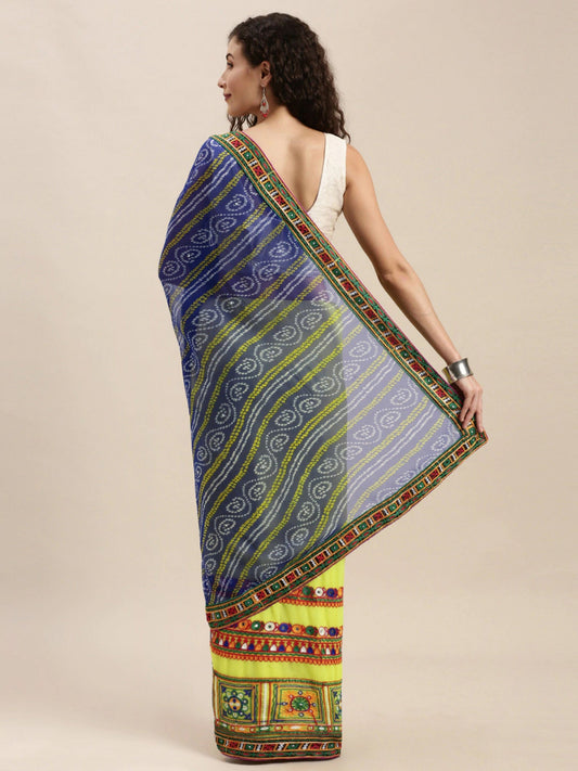 Dhiyona RV Women's half and half bandhani pallu Blue and Yellow color saree ( KVD210 )