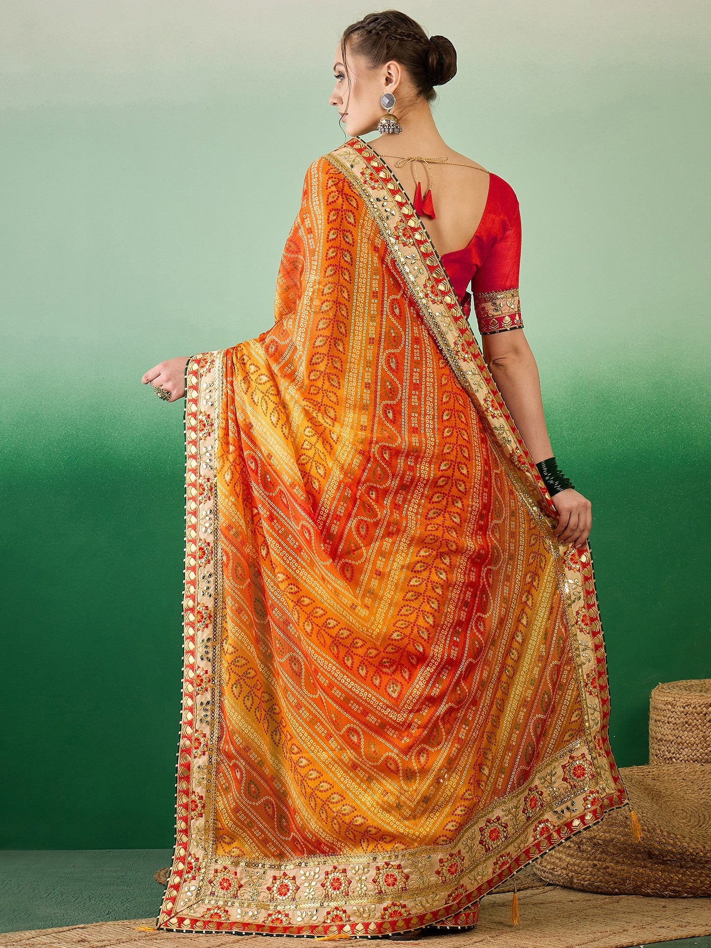 Dhiyona RV Women's Soft Mose Chiffon With Bhandhani Print With Heavy Lace Saree With Blouse ( KVD2129 )