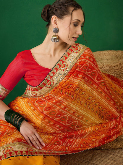 Dhiyona RV Women's Soft Mose Chiffon With Bhandhani Print With Heavy Lace Saree With Blouse ( KVD2129 )