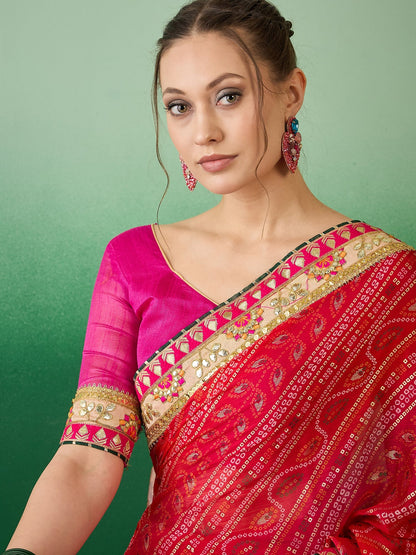 Dhiyona RV Women's Soft Mose Chiffon With Bhandhani Print With Heavy Lace Saree With Blouse ( KVD2130 )