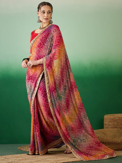 Dhiyona RV Women's Soft Exclusive Georgette With Bhandhani Print With Heavy Lace Saree With Blouse ( KVD2132 )