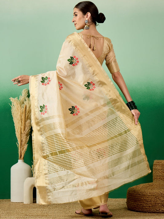 Dhiyona RV Women's Assam Cotton Silk Saree with Multi Thread Embroidery & Zari Temple Border With Blouse ( KVD2133 )