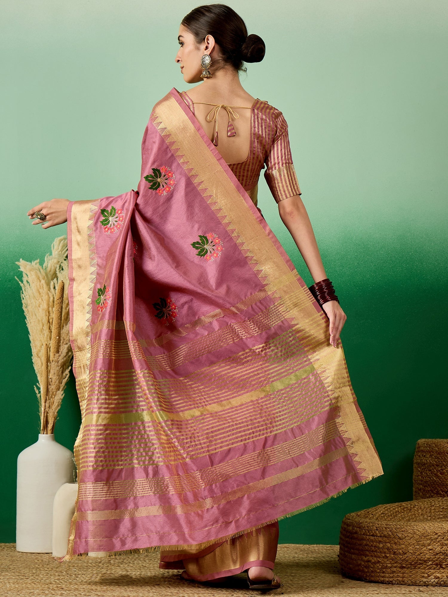 Dhiyona RV Women's Assam Cotton Silk Saree with Multi Thread Embroidery & Zari Temple Border With Blouse ( KVD2134 )