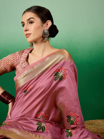 Dhiyona RV Women's Assam Cotton Silk Saree with Multi Thread Embroidery & Zari Temple Border With Blouse ( KVD2134 )