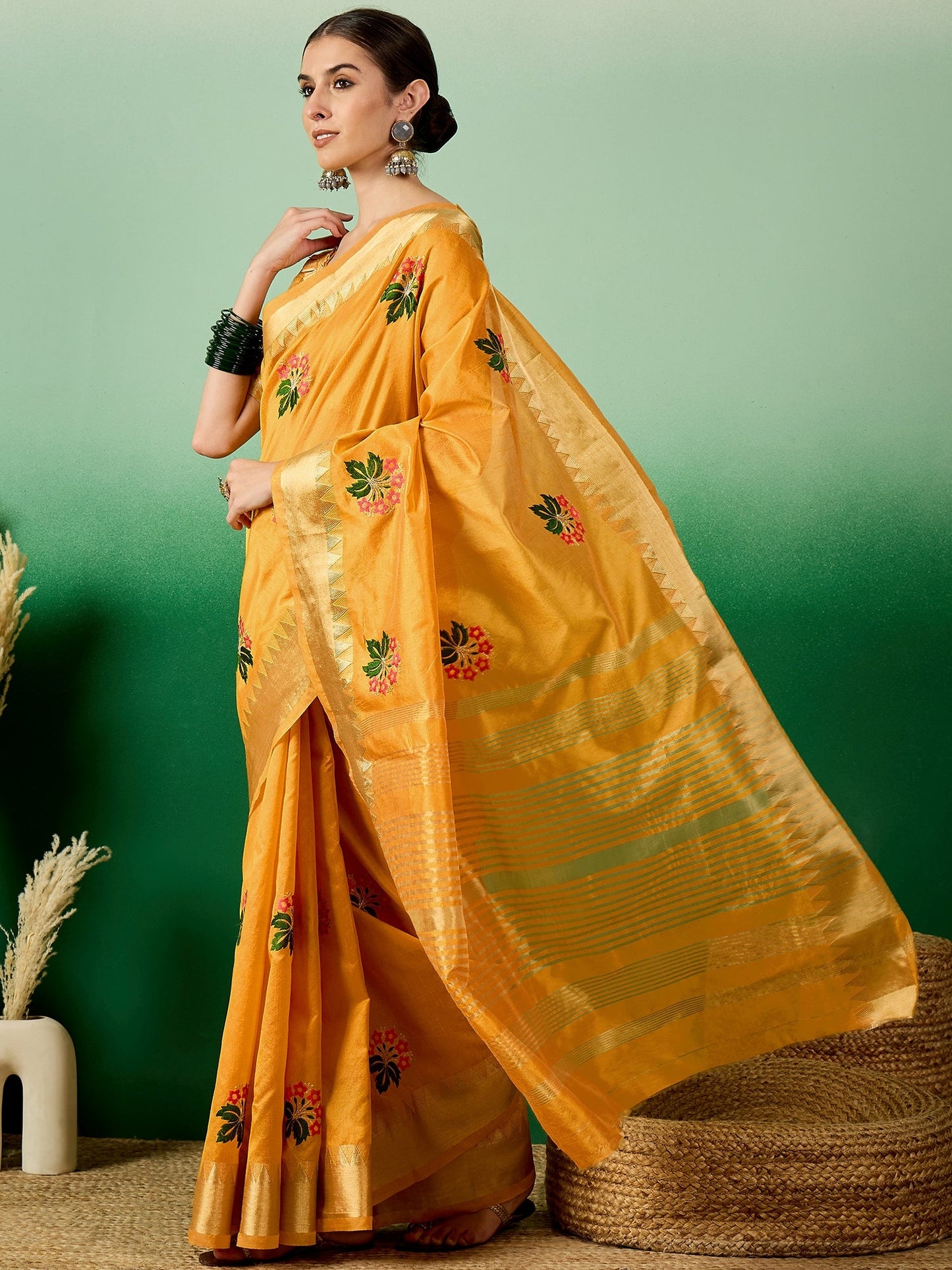 Dhiyona RV Women's Assam Cotton Silk Saree with Multi Thread Embroidery & Zari Temple Border With Blouse ( KVD2135 )