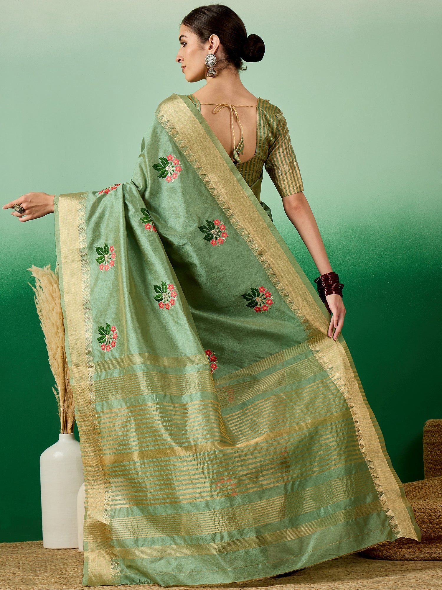 Dhiyona RV Women's Assam Cotton Silk Saree with Multi Thread Embroidery & Zari Temple Border With Blouse ( KVD2136 )