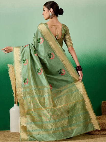 Dhiyona RV Women's Assam Cotton Silk Saree with Multi Thread Embroidery & Zari Temple Border With Blouse ( KVD2136 )