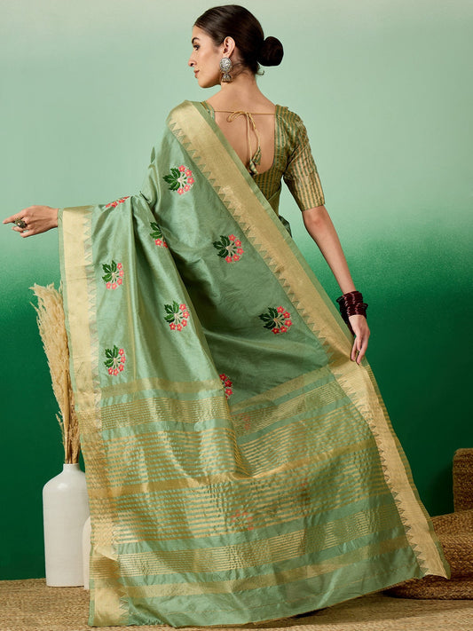 Dhiyona RV Women's Assam Cotton Silk Saree with Multi Thread Embroidery & Zari Temple Border With Blouse ( KVD2136 )