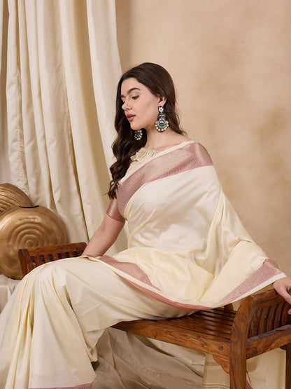 Dhiyona RV Women's Cotton Silk Solid Print With Golden Woven Border Saree  ( KVD2137 )