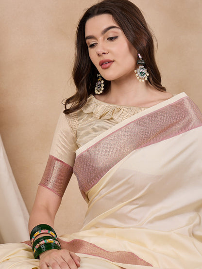 Dhiyona RV Women's Cotton Silk Solid Print With Golden Woven Border Saree  ( KVD2137 )