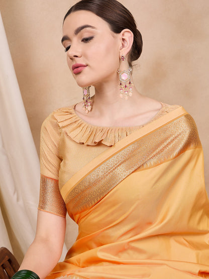 Dhiyona RV Women's Cotton Silk Solid Print With Golden Woven Border Saree  ( KVD2138 )
