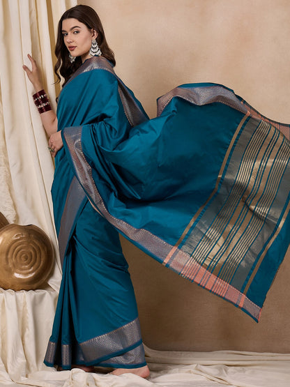 Dhiyona RV Women's Cotton Silk Solid Print With Golden Woven Border Saree  ( KVD2139 )