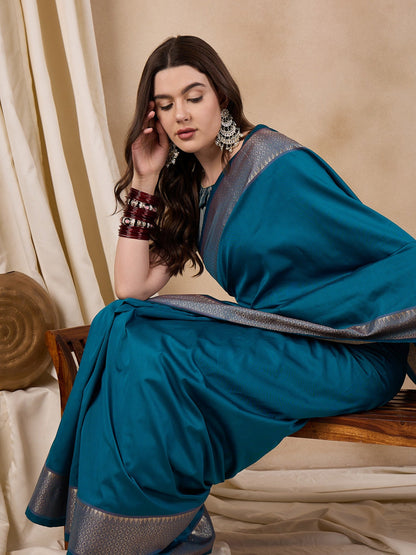 Dhiyona RV Women's Cotton Silk Solid Print With Golden Woven Border Saree  ( KVD2139 )