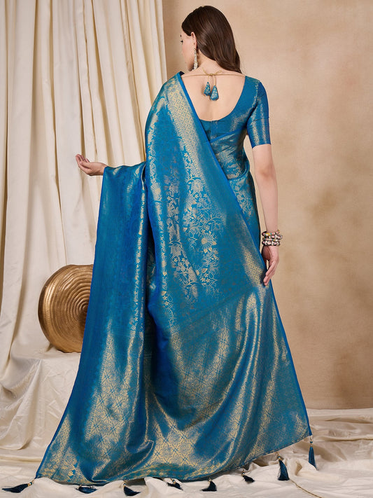 Dhiyona RV Women's Traditional Kanjivaram Silk Saree with Golden Zari Woven Border With Blouse ( KVD2141 )