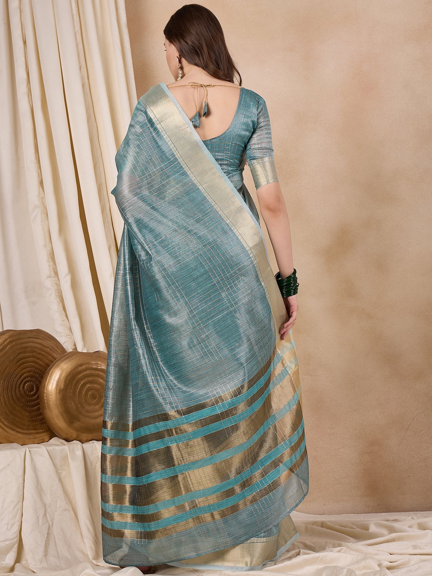 Dhiyona RV Women's Elegant Organza Golden Zari Woven Saree with Matching Blouse ( KVD2146 )