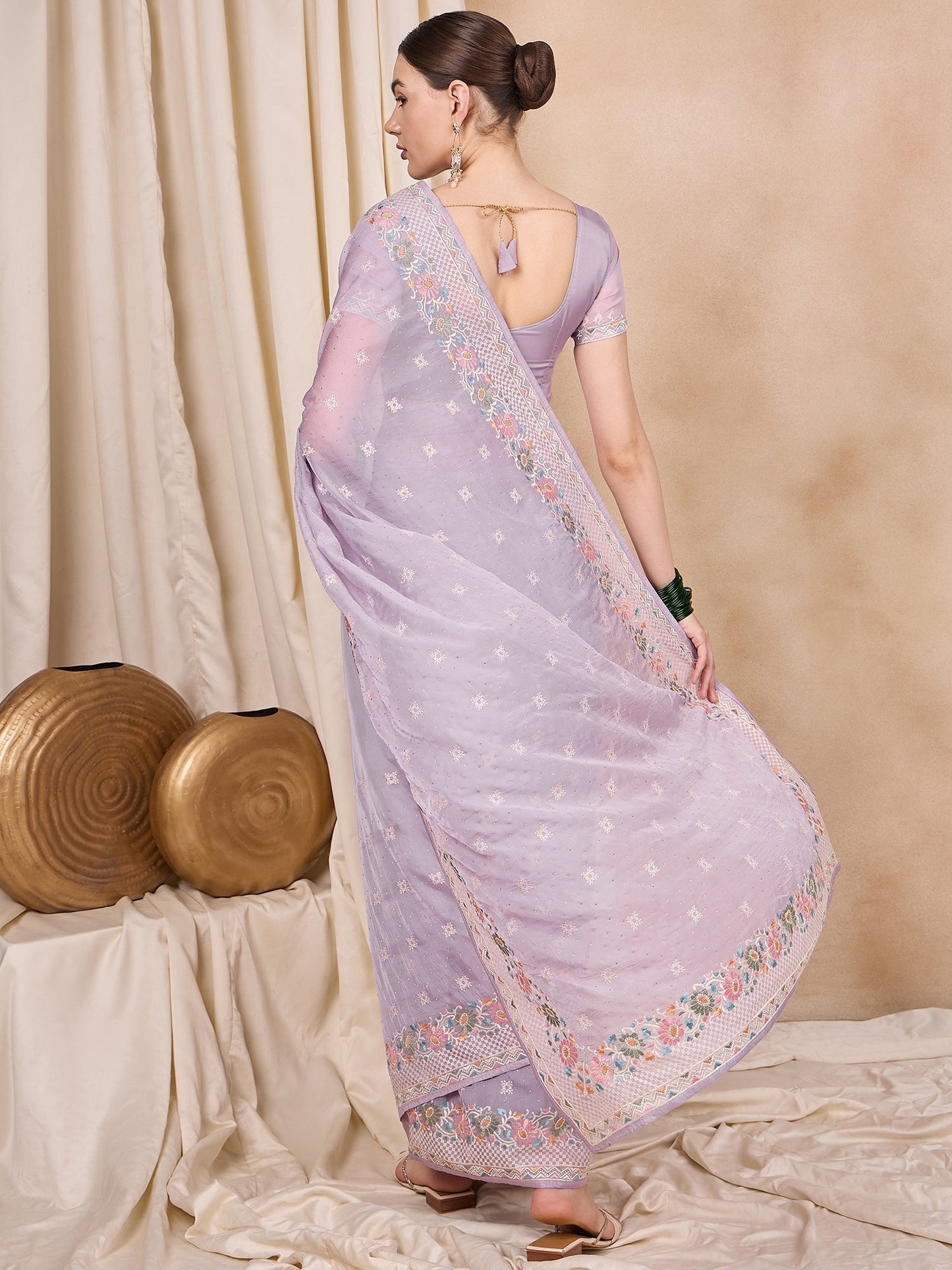 Dhiyona RV Women's Silk Organza Fabric With Multi Thread Embroidery Border Saree  ( KVD2152 )