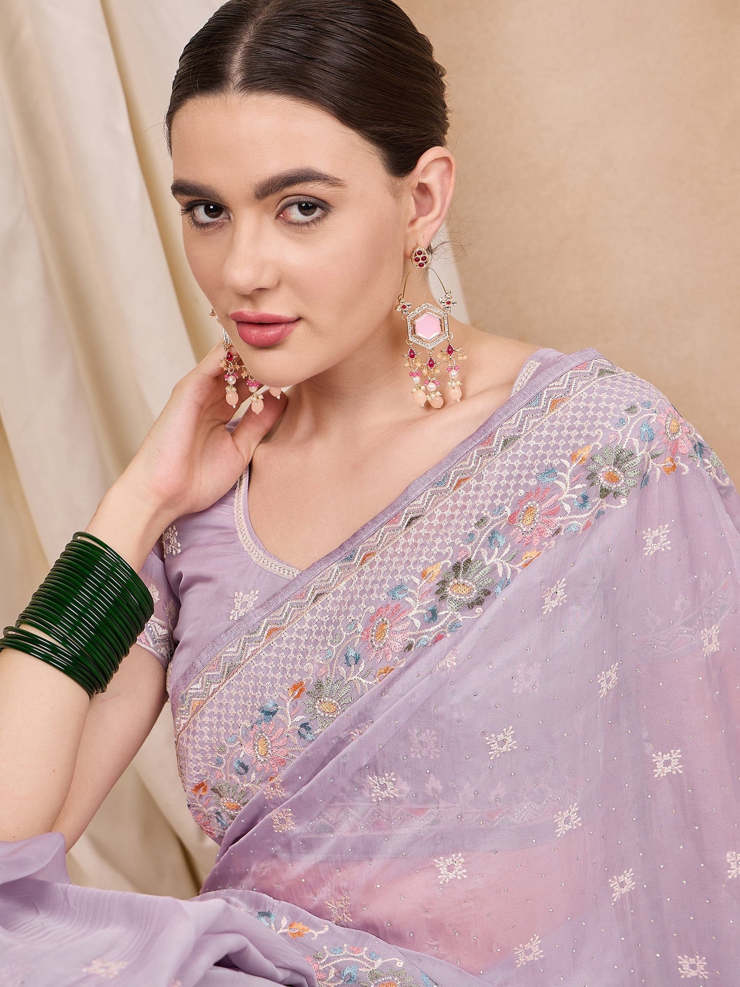 Dhiyona RV Women's Silk Organza Fabric With Multi Thread Embroidery Border Saree  ( KVD2152 )