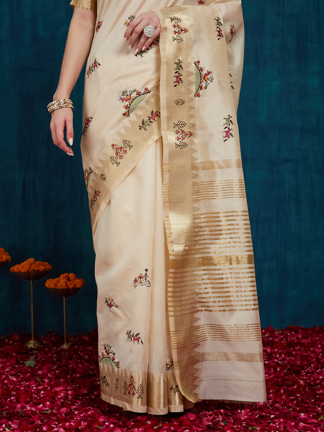 Dhiyona RV Women's Assam Cotton Silk With Golden Border And Multicolor Thread Embroidered Saree  ( KVD2164 )