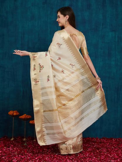 Dhiyona RV Women's Assam Cotton Silk With Golden Border And Multicolor Thread Embroidered Saree  ( KVD2164 )