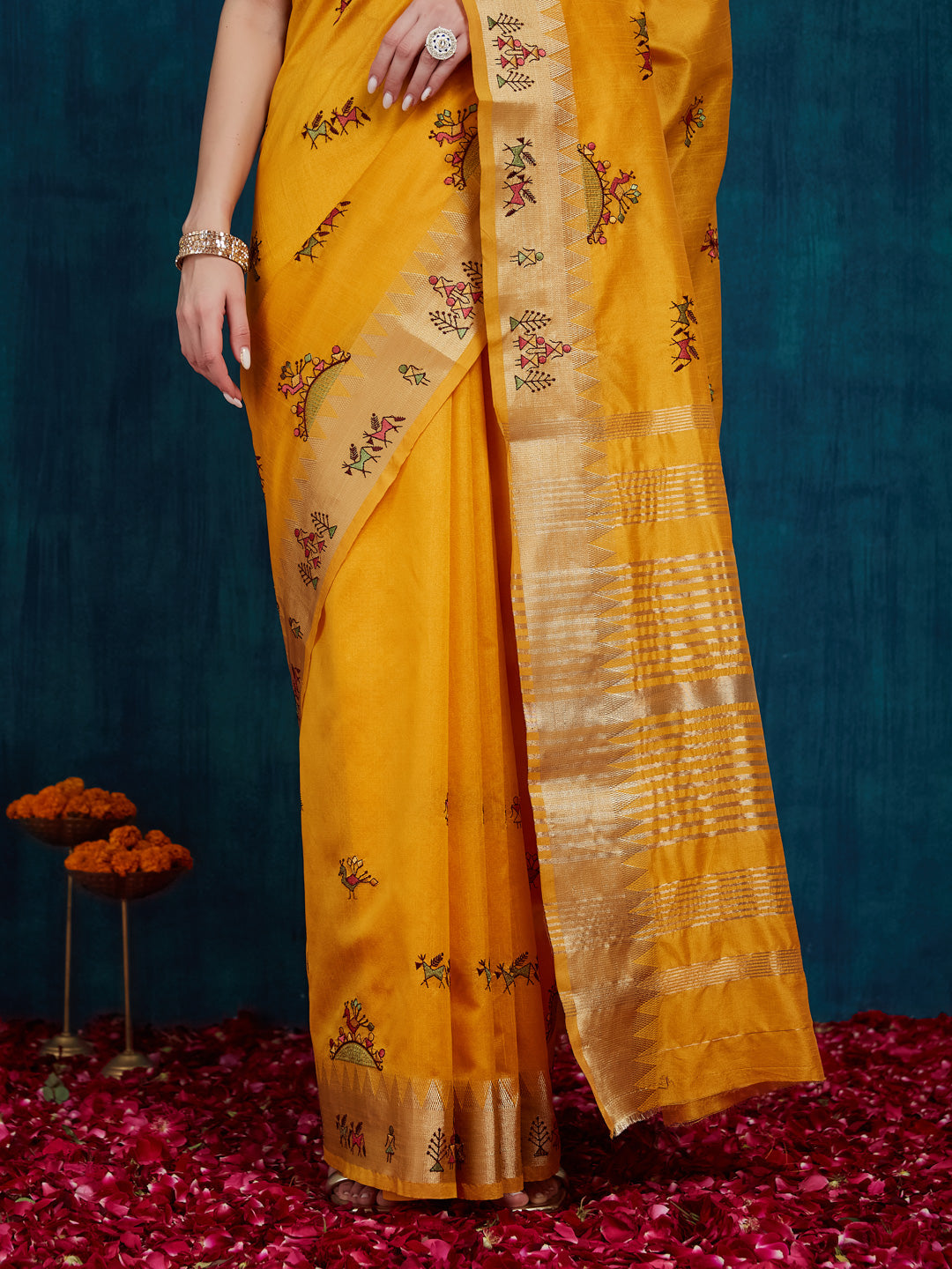Dhiyona RV Women's Assam Cotton Silk With Golden Border And Multicolor Thread Embroidered Saree  ( KVD2165 )