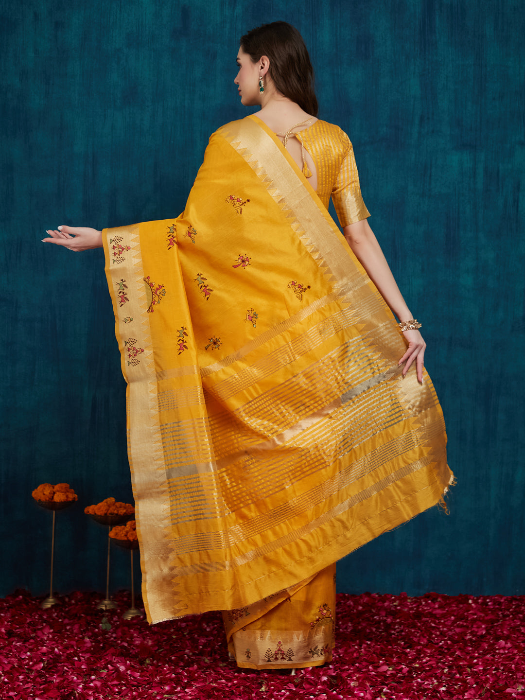 Dhiyona RV Women's Assam Cotton Silk With Golden Border And Multicolor Thread Embroidered Saree  ( KVD2165 )