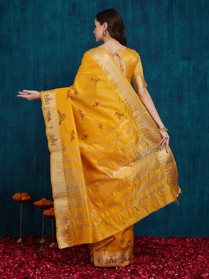 Dhiyona RV Women's Assam Cotton Silk With Golden Border And Multicolor Thread Embroidered Saree  ( KVD2165 )