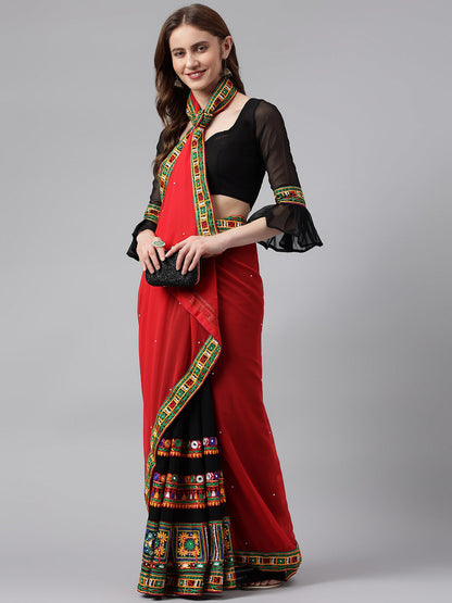 Dhiyona RV Women's Georgette With heavy Kutchi Embroidered Work Saree ( KVD715 )
