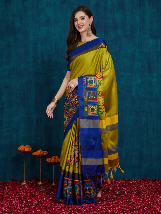 Dhiyona RV Women's Cotton Silk Heavy Kutchi Work With Peacock Design Embroidered Saree  ( KVD731 )